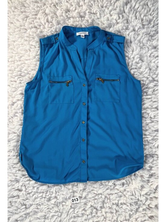 Calvin Klein Tops - Calvin Klein Blouse Womens Lg Turquiose Blue Pockets Button Sleeveless Stretch